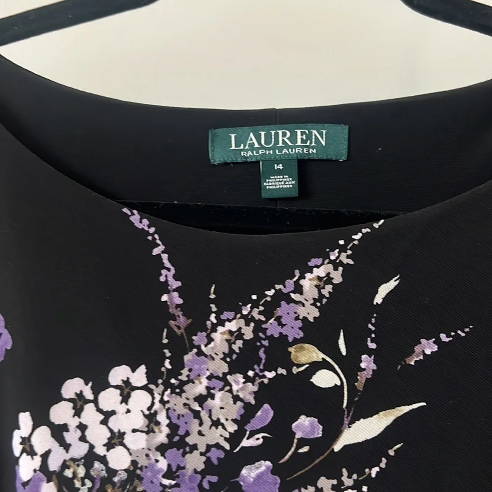 Lauren black dark floral cinched dress SZ 14 black wrap style ruffle career - Picture 2 of 14